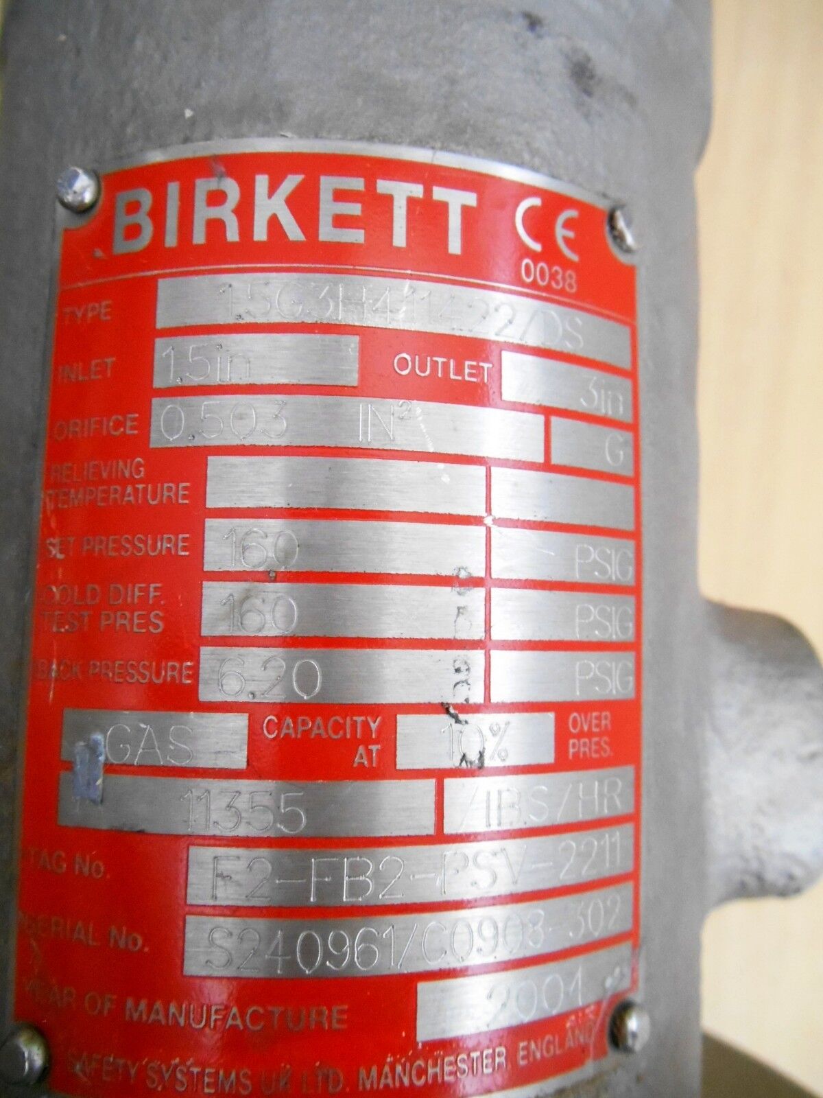 BIRKETT WB400 CONVENTIONAL GAS TYPE SAFETY RELIEF VALVE – USED – UNTESTED